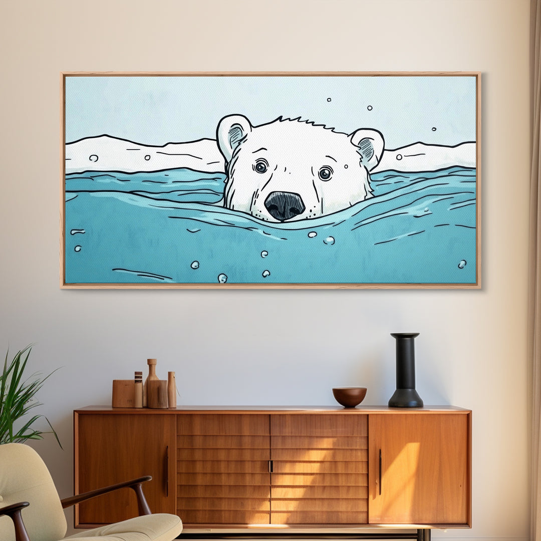 Polar Bear Swimming In Icy Water Wall Art, Arctic Animal Print, Nursery Wall Art, Kids Room Decor, Coastal Canvas Print Gift