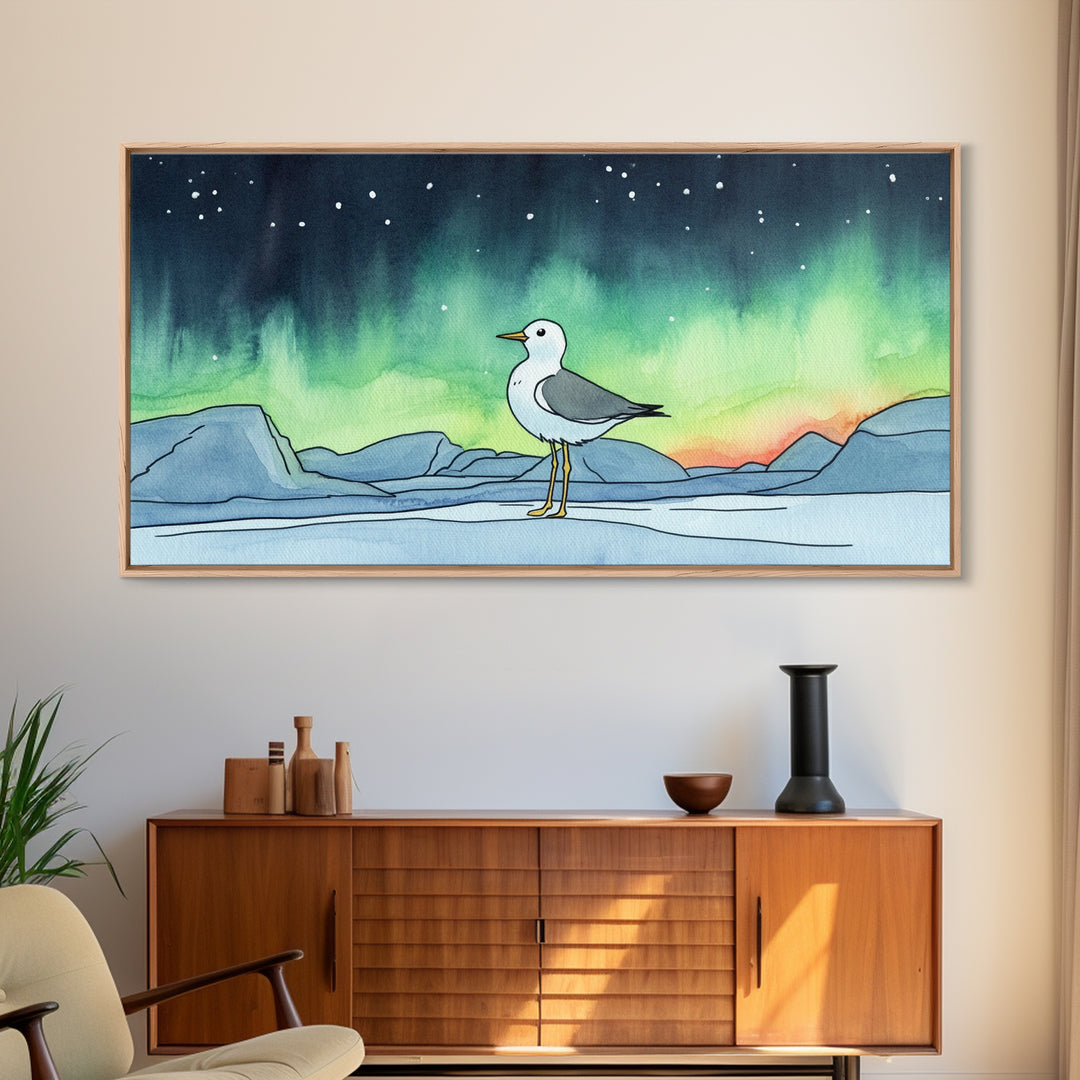 Arctic Seagull Under Aurora Sky Wall Art, Northern Lights Print, Coastal Bird Decor, Nature Wall Art, Framed Canvas Print