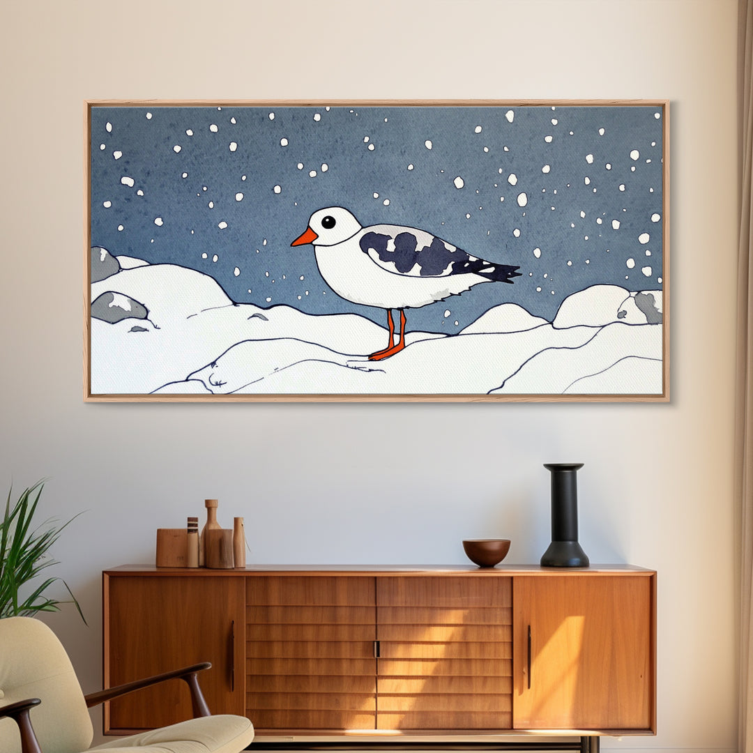 Snowy Arctic Shorebird In Winter Canvas Print, Bird Wall Art, Nursery Decor, Animal Wall Art, Minimalist Coastal Decor Gift