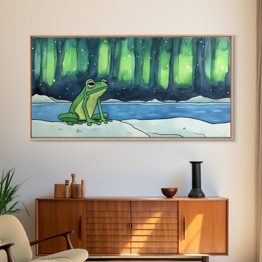 Green Frog Under Northern Lights Wall Art, Whimsical Animal Art Print, Aurora Borealis Nursery Decor, Kids Room Housewarming Gift
