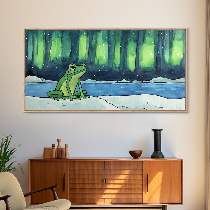 Green Frog Under Northern Lights Wall Art, Whimsical Animal Art Print, Aurora Borealis Nursery Decor, Kids Room Housewarming Gift