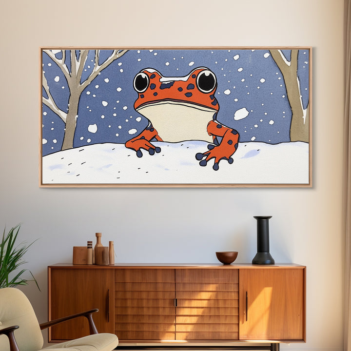 Orange Spotted Frog In Snowy Forest Wall Art, Whimsical Animal Print, Winter Nursery Decor, Cute Kids Room Canvas Art Housewarming Gift