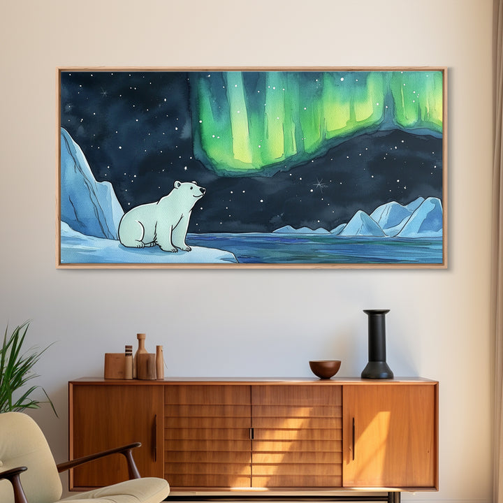 Polar Bear Beneath Northern Lights Wall Art, Arctic Landscape Canvas Print, Wildlife Nursery Decor, Cozy Winter Housewarming Gift