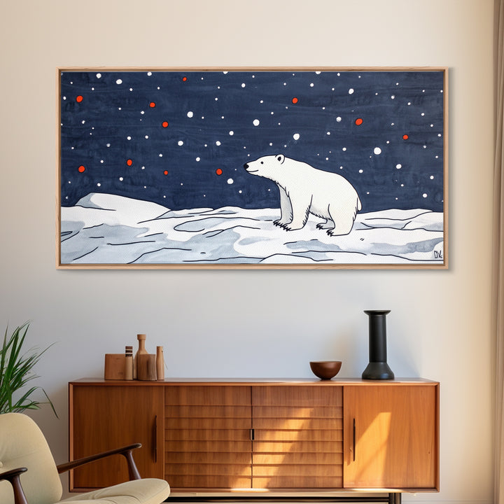 Minimal Polar Bear Snow Scene Wall Art, Arctic Wildlife Illustration, Kids Room Decor, Modern Nursery Canvas Print Gift Idea