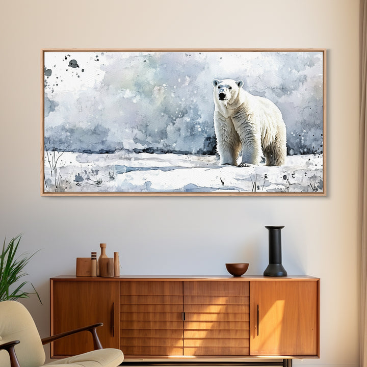 Standing Polar Bear In Snowy Tundra Wall Art, Watercolor Wildlife Print, Arctic Animal Decor, Large Canvas Housewarming Gift