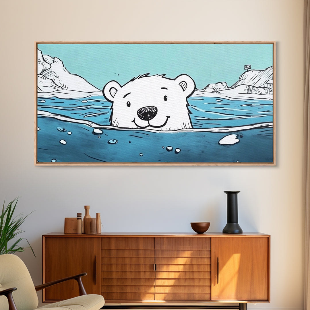 Smiling Polar Bear Swimming In Icy Sea Wall Art, Playful Arctic Animal Print, Ocean Nursery Decor, Kids Room Canvas Gift