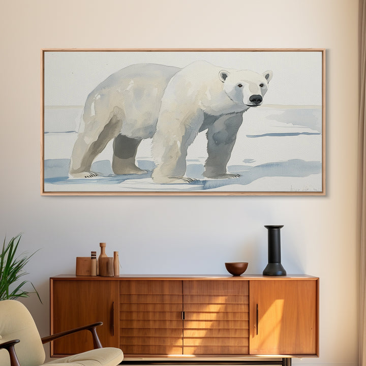Polar Bear On Arctic Ice Wall Art, Watercolor Wildlife Canvas Print, Coastal Nursery Decor, Animal Lover Gift, Kids Room Art
