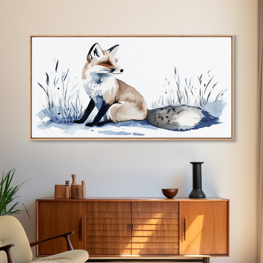 Sitting Fox In Frosted Grass Wall Art, Minimal Watercolor Wildlife Canvas Print, Neutral Nursery Decor, Animal Lover Gift