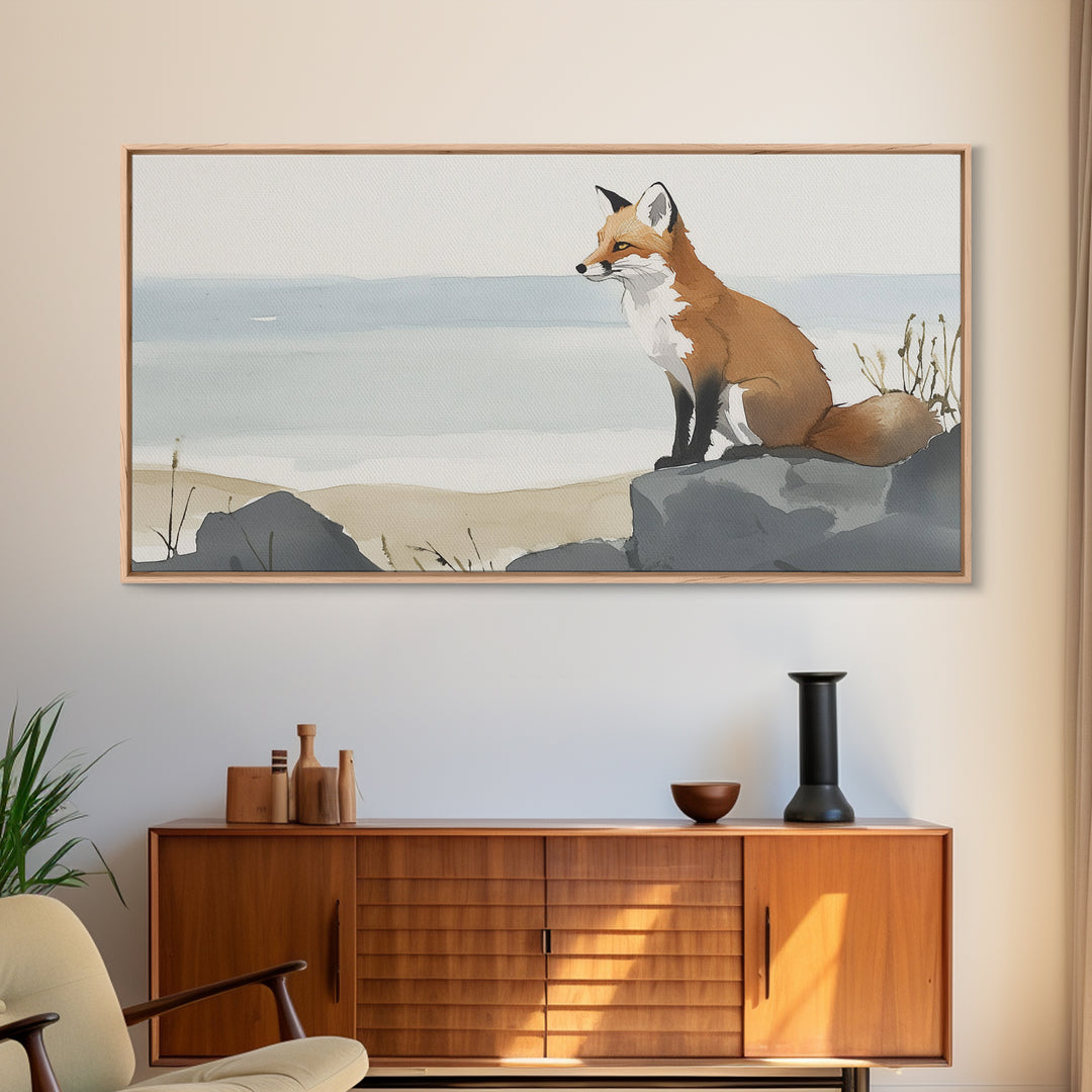 Coastal Fox On Ocean Rocks Wall Art, Minimal Watercolor Wildlife Canvas Print, Beach House Decor, Neutral Living Room Art