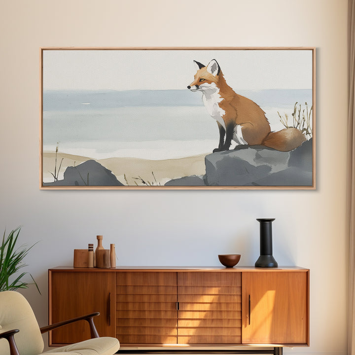 Coastal Fox On Ocean Rocks Wall Art, Minimal Watercolor Wildlife Canvas Print, Beach House Decor, Neutral Living Room Art