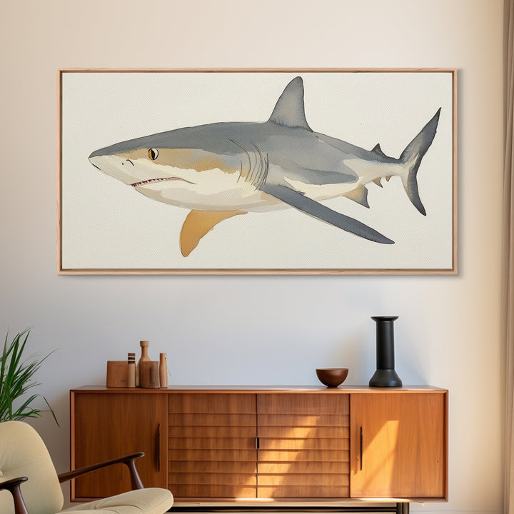 Watercolor Shark Illustration Canvas Print, Coastal Ocean Wall Art, Marine Life Decor, Beach House Gift, Nautical Animal Art