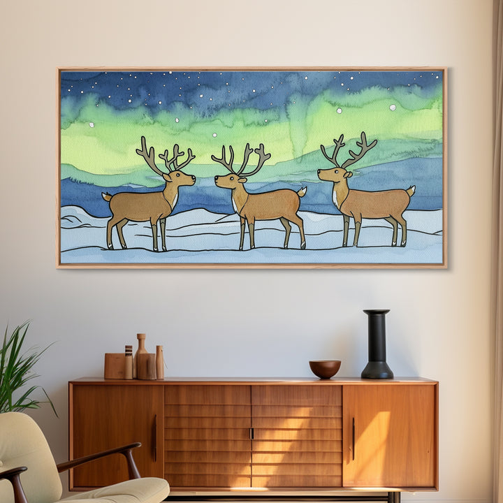 Three Reindeer Under Northern Lights Wall Art, Aurora Winter Landscape Print, Rustic Wildlife Decor, Cabin Christmas Gift