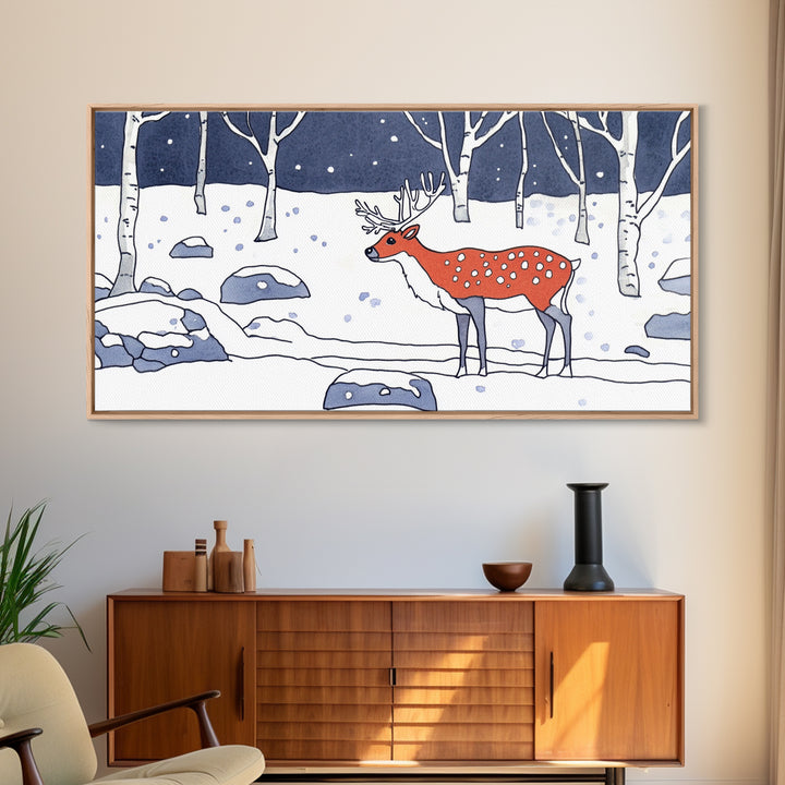 Red Deer In Snowy Birch Forest Canvas Print, Winter Wildlife Wall Art, Woodland Nursery Decor, Rustic Cabin Home Decor Gift