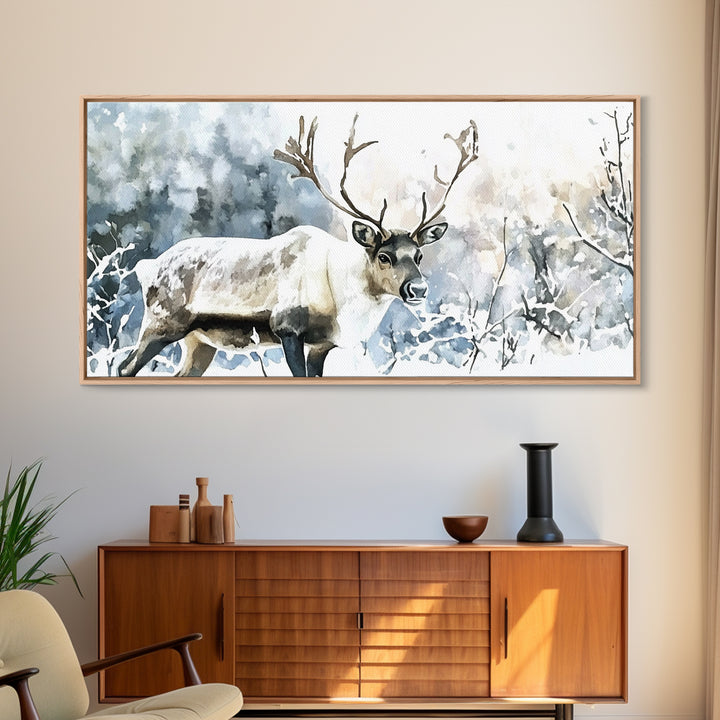 Majestic Caribou In Frosted Woods Framed Canvas Print, Winter Wildlife Wall Art, Rustic Cabin Decor, Nature Lover Art Gift