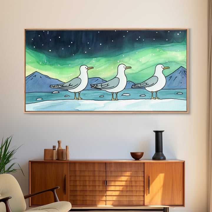 Three Seagulls Under Aurora Sky Wall Art, Winter Coastal Bird Canvas Print, Nautical Ocean Decor, Beach House Christmas Gift