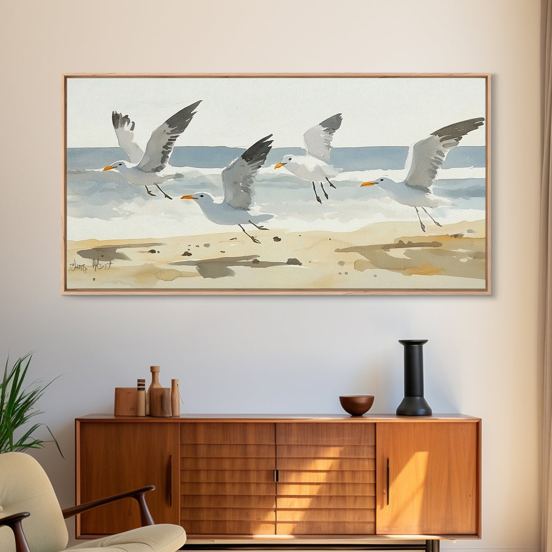 Flying Seagulls Over Sandy Watercolor Beach Wall Art, Coastal Ocean Canvas Print, Nautical Seascape Decor, Beach House Gift