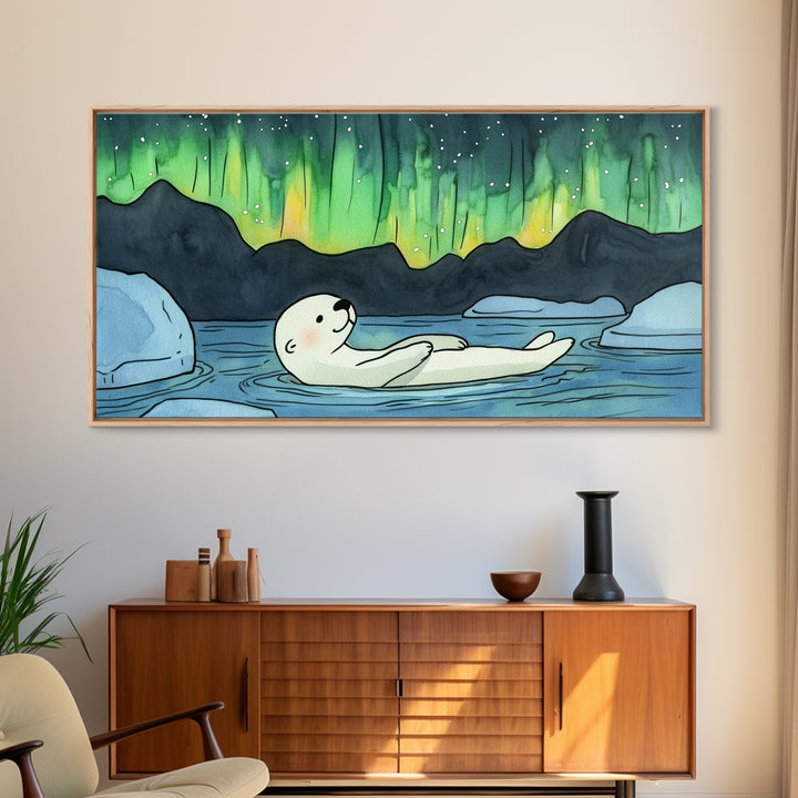Polar Bear Floating Beneath Aurora Canvas Print, Arctic Wildlife Wall Art, Northern Lights Decor, Kids Room Animal Gift Print