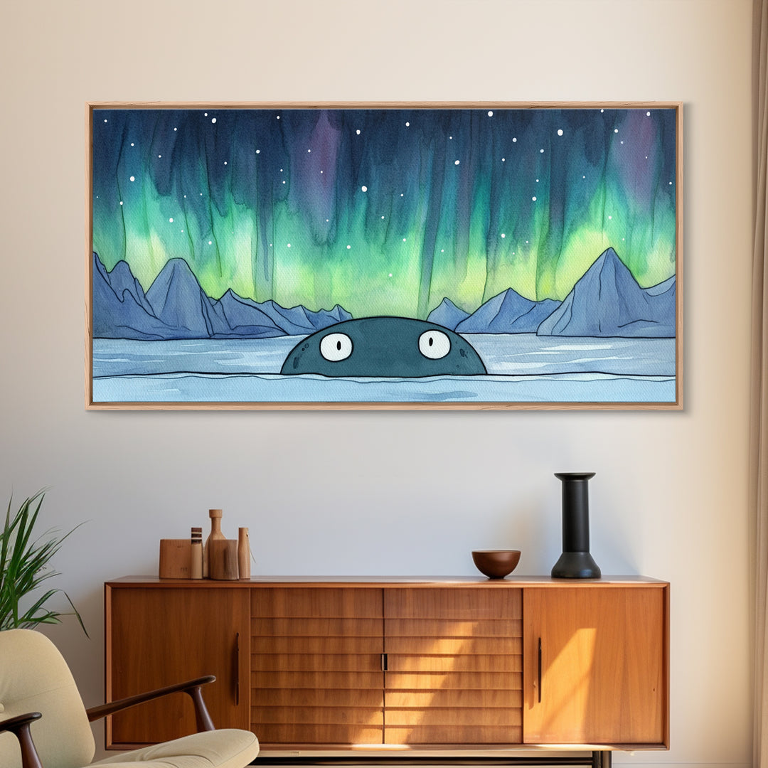 Whimsical Whale Peeking At Aurora Canvas Print, Northern Lights Wall Art, Arctic Ocean Decor, Kids Room Animal Gift For Nursery