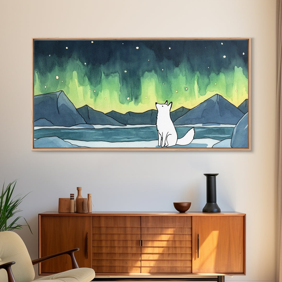 White Arctic Fox Watching Aurora Canvas Print, Northern Lights Wall Art, Winter Landscape Decor, Nature Lover Gift For Her