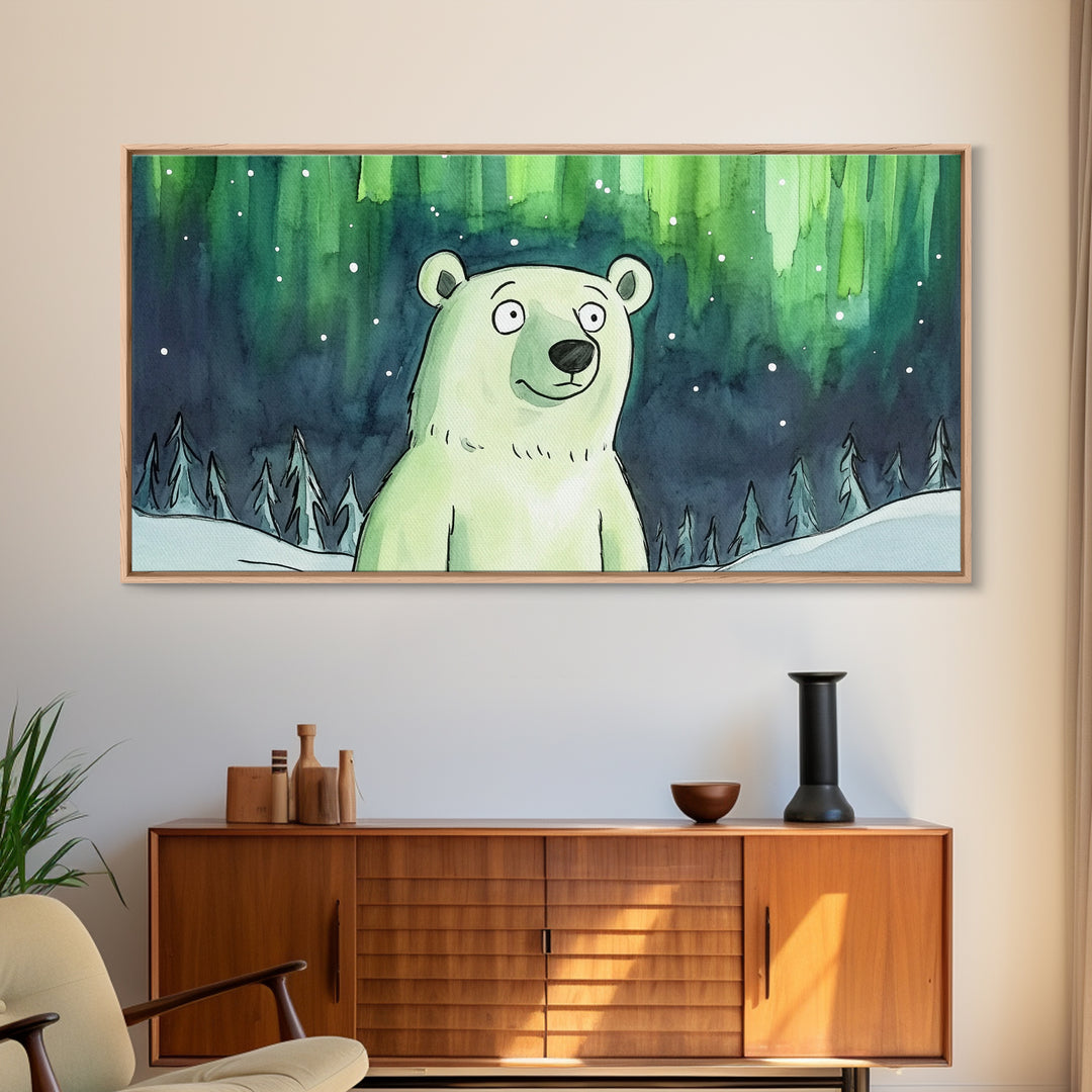 Polar Bear Under Northern Lights Canvas Print, Whimsical Winter Wall Art, Kids Room Decor, Nursery Animal Art Gift For Baby Bedroom