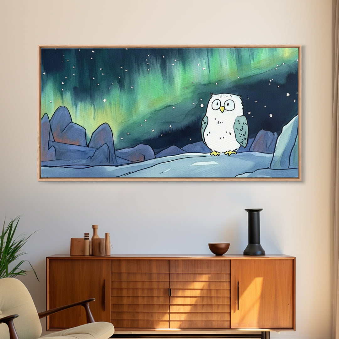 Snowy Owl Beneath Aurora Mountains Canvas Print, Northern Lights Wall Art, Whimsical Animal Art, Kids Room Decor Gift For Her