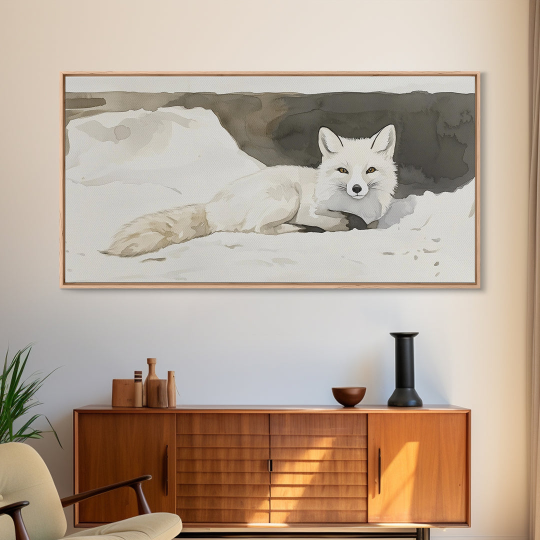White Arctic Fox In Snow Canvas Print, Neutral Winter Wildlife Wall Art, Nursery Animal Art, Scandinavian Bedroom Decor Gift