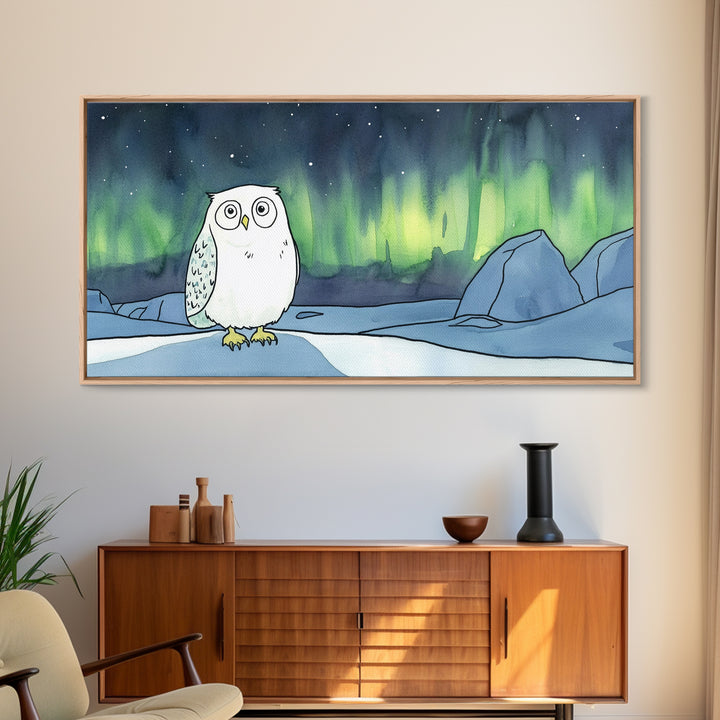 Wide Eyed Snowy Owl Aurora Canvas Print, Northern Lights Wall Art, Whimsical Animal Art, Kids Room Decor Gift For Baby Bedroom