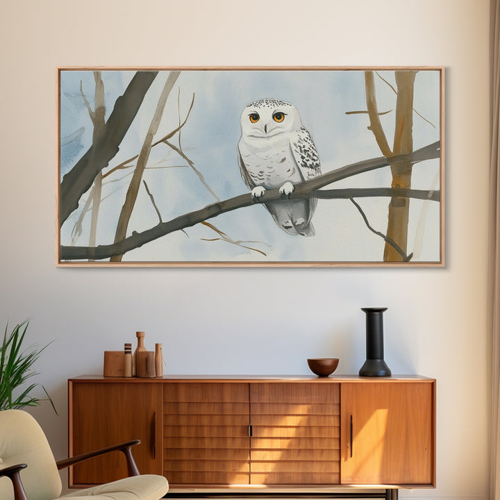 Snowy Owl On Winter Branch Canvas Print, Woodland Wildlife Wall Art, Neutral Nursery Animal Art, Scandinavian Office Decor