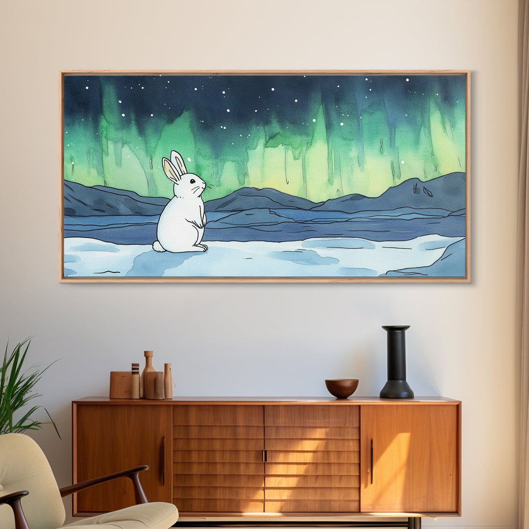 White Rabbit Watching Aurora Canvas Print, Northern Lights Wall Art, Whimsical Animal Art, Nursery Decor Gift For Kids Room