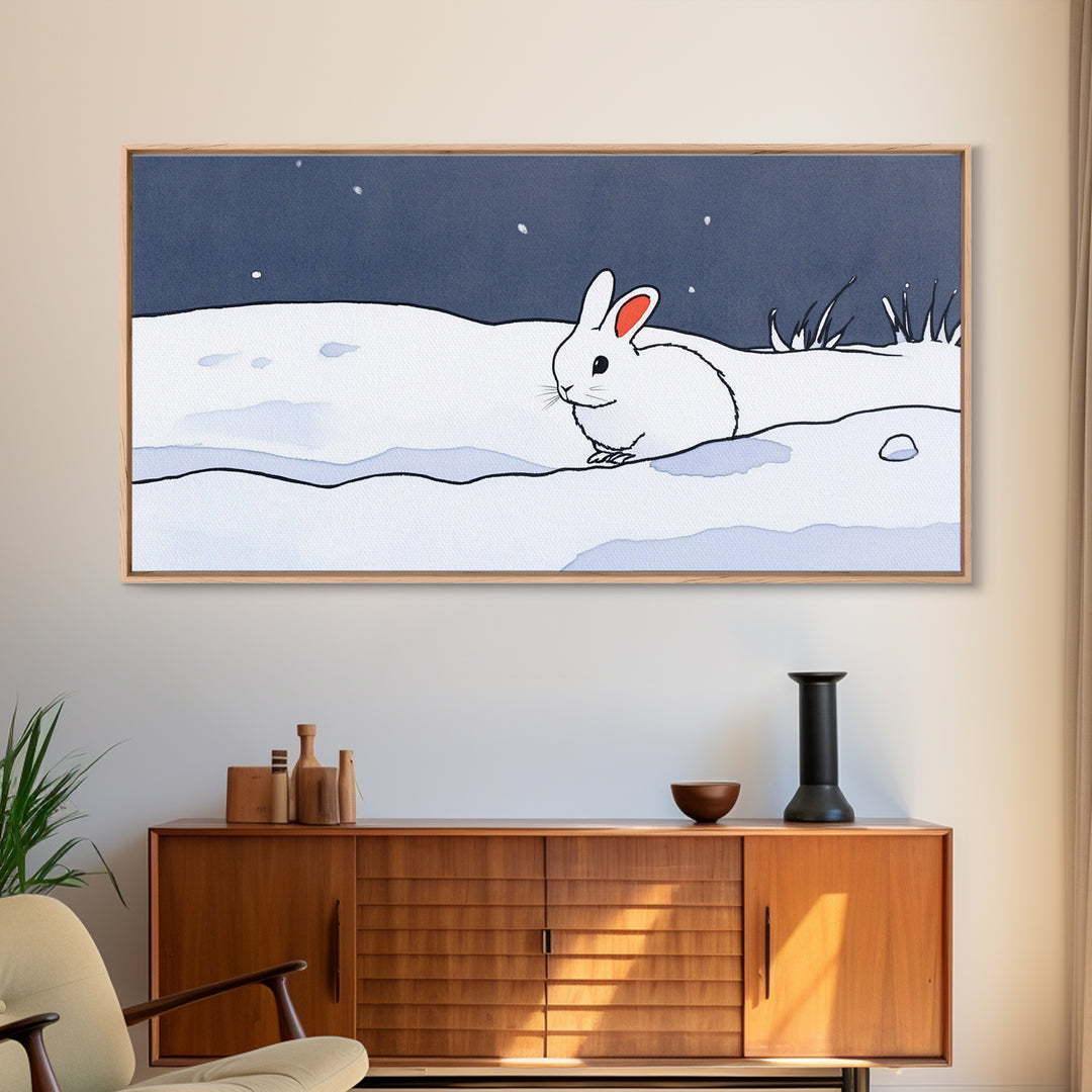 Little White Rabbit In Snow Canvas Print, Minimal Winter Wall Art, Nursery Animal Art, Scandinavian Kids Room Decor Gift