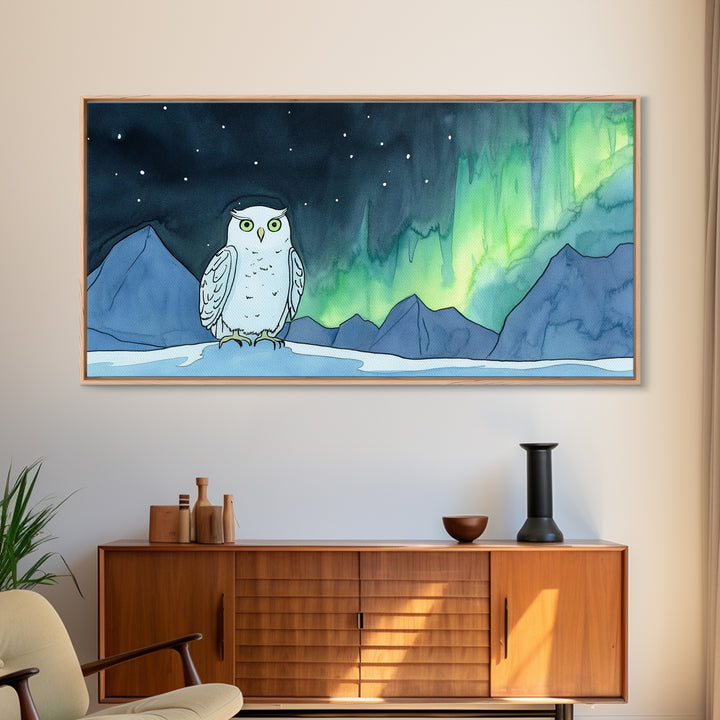 Snowy Owl Northern Lights Canvas Print, Aurora Mountain Wall Art, Whimsical Wildlife Art, Nursery Kids Room Decor Gift For Her