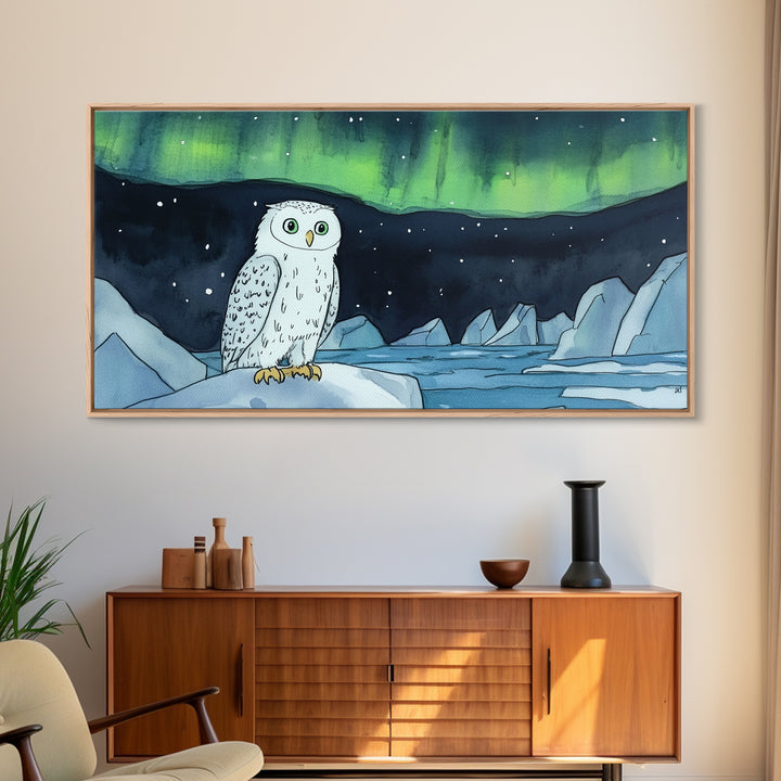 Snowy Owl Under Northern Lights Framed Canvas Print, Aurora Borealis Wall Decor, Arctic Wildlife Nursery Or Cabin Art Gift