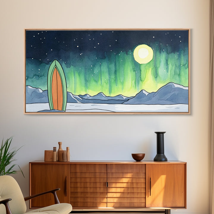 Surfboard Under Northern Lights Framed Canvas Print, Aurora Mountain Wall Art, Coastal Adventure Decor For Bedroom Or Beach House Decor