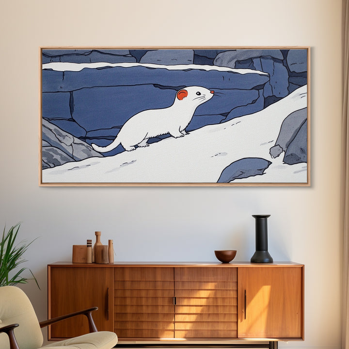 White Weasel On Snowy Rocks Canvas Print, Arctic Animal Wall Decor, Winter Wildlife Art Print, Rustic Nursery Home Decor