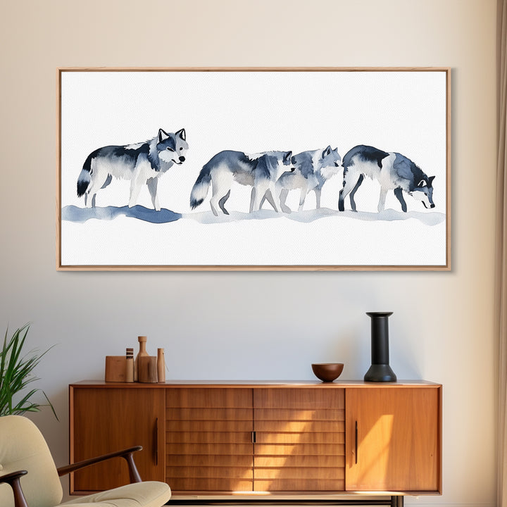 Walking Wolf Pack In Snow Framed Canvas Print, Watercolor Wildlife Wall Art, Rustic Cabin Decor, Winter Animal Art Print