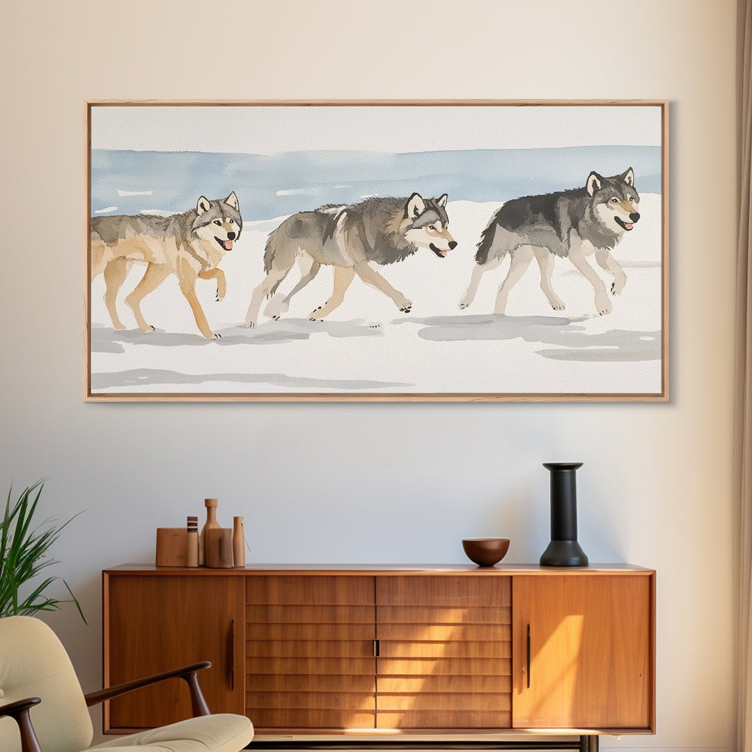 Three Running Wolves In Snow, Framed Canvas Print, Wildlife Wall Art, Rustic Cabin Decor, Winter Landscape, Gift For Him