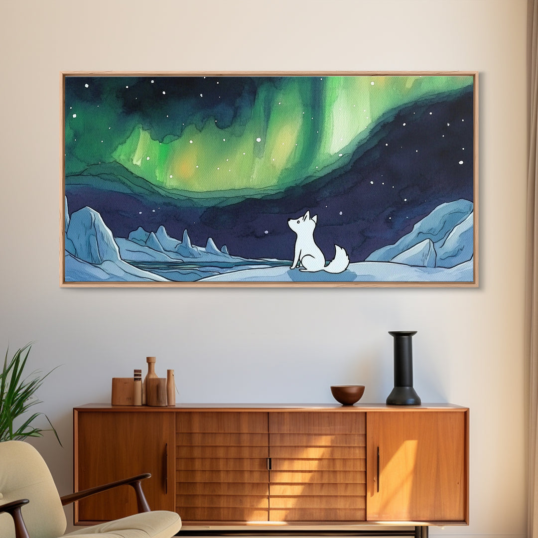 White Arctic Fox Under Northern Lights, Wall Art, Celestial Winter Landscape, Whimsical Nursery Decor, Aurora Canvas Print
