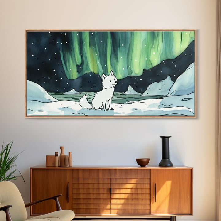 Sitting White Fox With Aurora Sky, Framed Canvas Print, Celestial Wall Art, Winter Nursery Decor, Whimsical Gift For Her