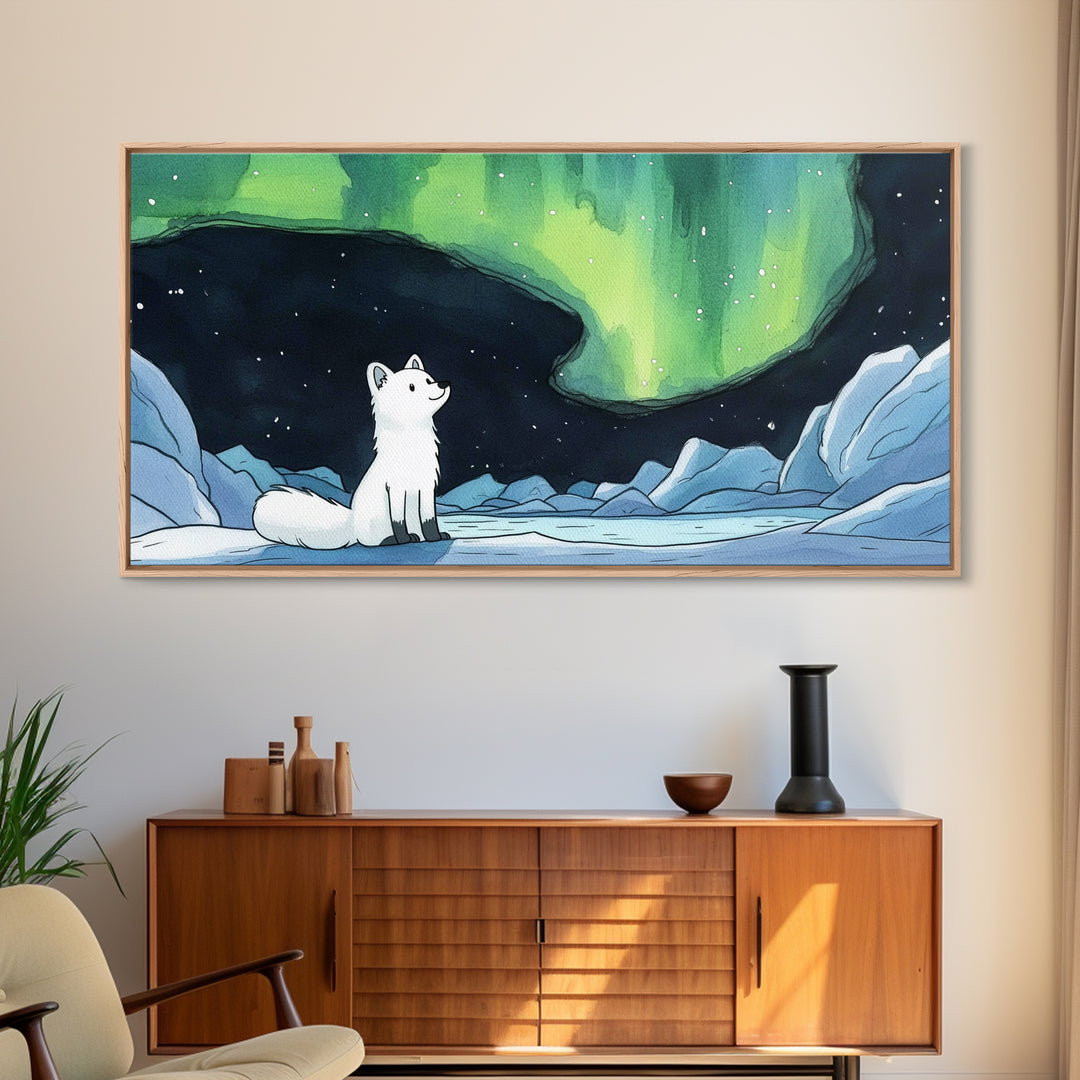 Arctic Fox Watching Green Aurora, Canvas Print, Celestial Wall Art, Icy Winter Landscape, Calming Bedroom Decor Gift For Her