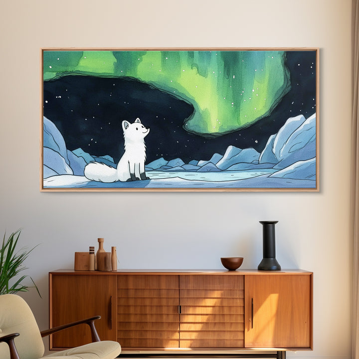 Arctic Fox Watching Green Aurora, Canvas Print, Celestial Wall Art, Icy Winter Landscape, Calming Bedroom Decor Gift For Her