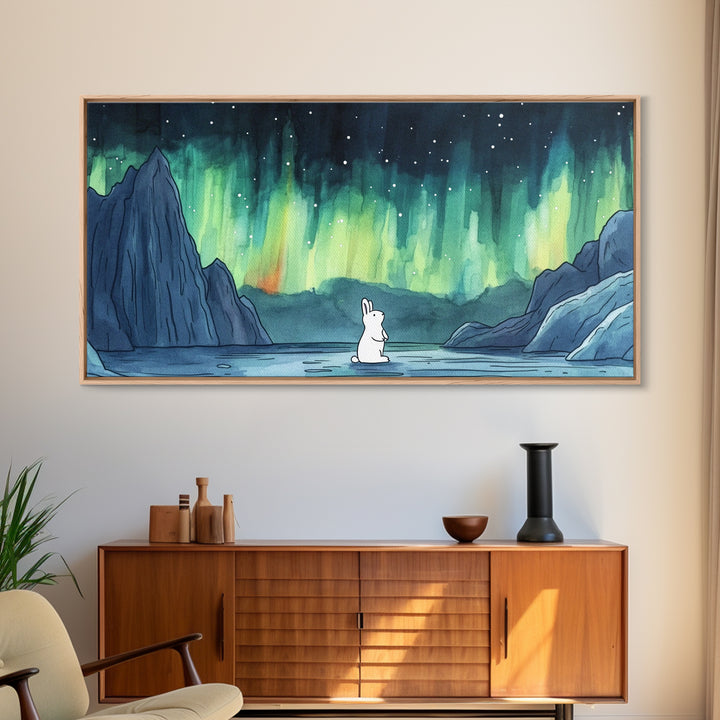 White Arctic Hare Under Aurora, Panoramic Wall Art, Celestial Winter Landscape, Whimsical Nursery Decor, Nature Canvas Print