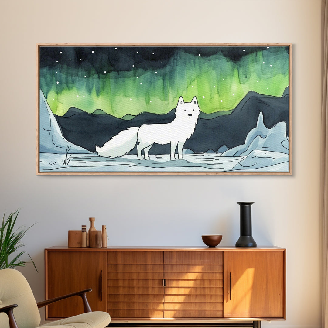 Standing White Arctic Fox With Northern Lights, Wall Art, Celestial Winter Landscape, Wildlife Canvas Print, Cozy Home Decor
