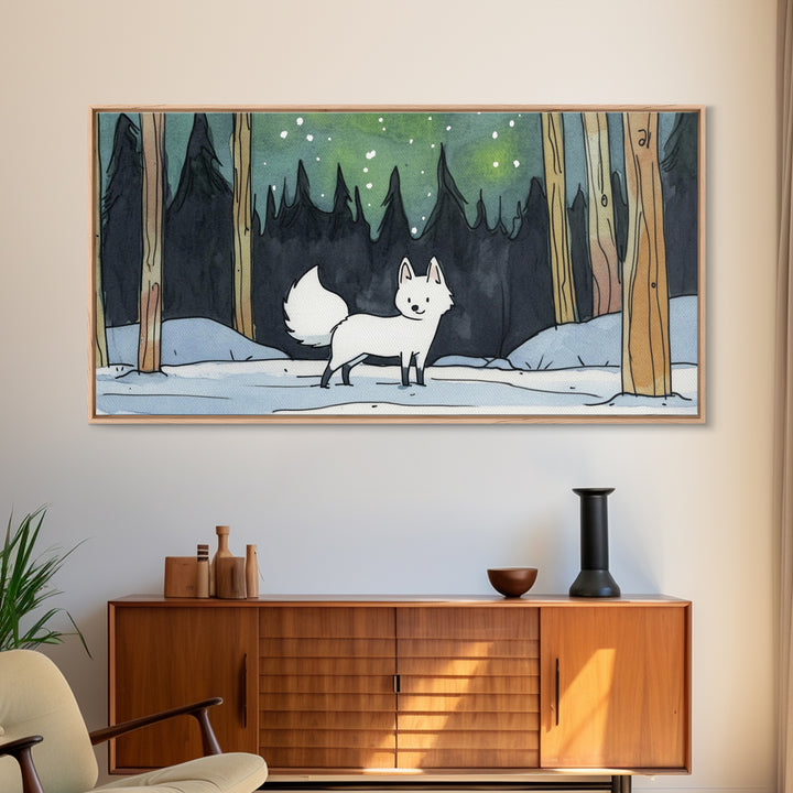 White Fox In Snowy Pine Forest, Framed Canvas Print, Nordic Winter Wall Art, Woodland Nursery Decor, Whimsical Gift For Her