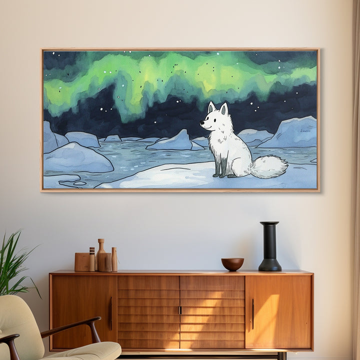 Sitting Arctic Fox On Ice Under Aurora, Canvas Print, Celestial Wall Art, Winter Coastal Decor, Calming Wildlife Gift For Her