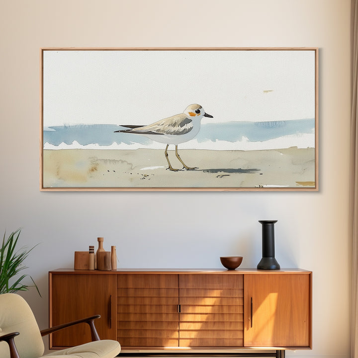 Tiny Snowy Plover Beside Gentle Surf Canvas Print, Watercolor Bird Art, Coastal Wall Art, Beach House Decor, Nature Print