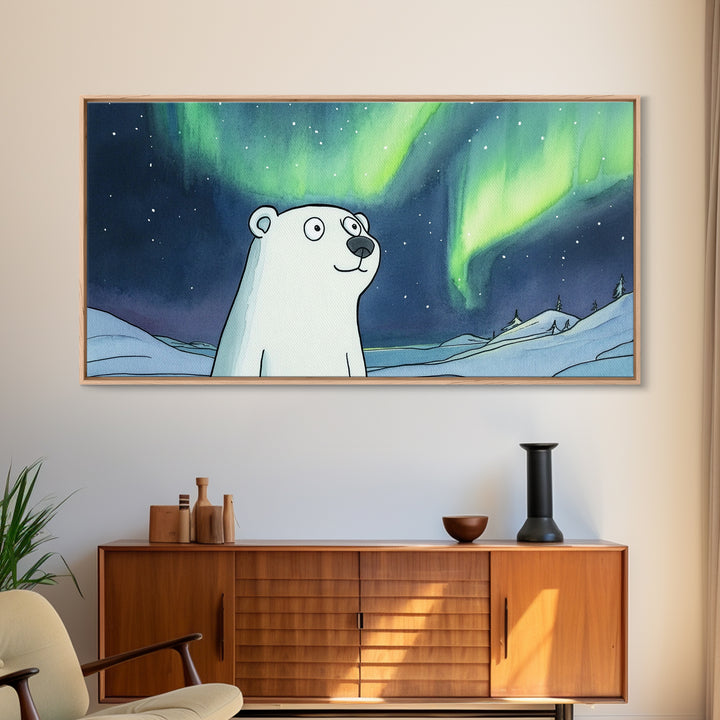 Whimsical Polar Bear Under Northern Lights Wall Art, Arctic Nursery Decor, Aurora Animal Print, Kids Room Canvas Gift, Home Decor