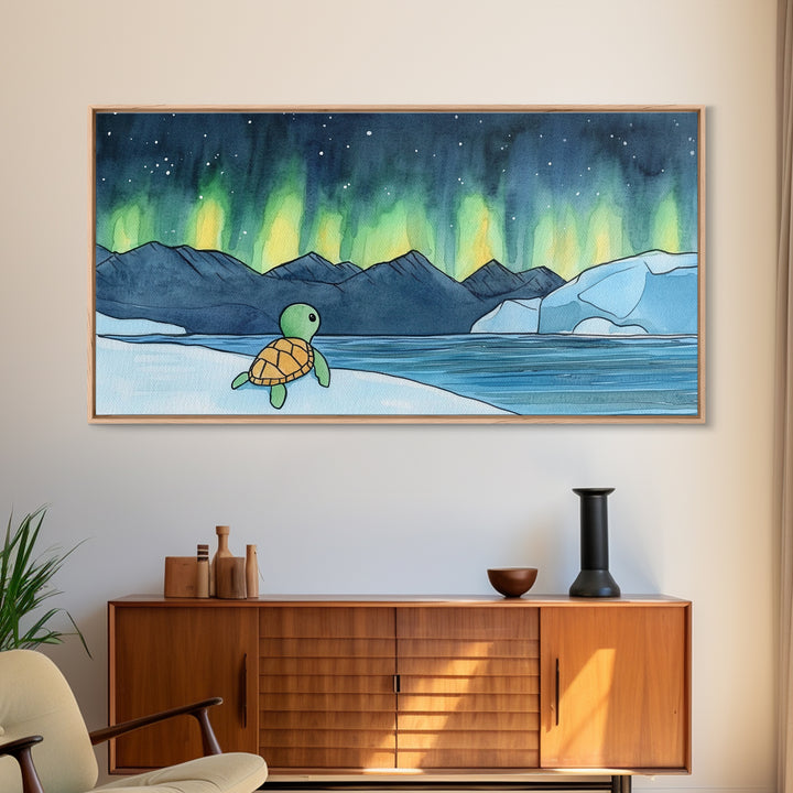 Baby Sea Turtle Watching Aurora Wall Art, Northern Lights Landscape, Arctic Ocean Nursery Decor, Whimsical Kids Room Print
