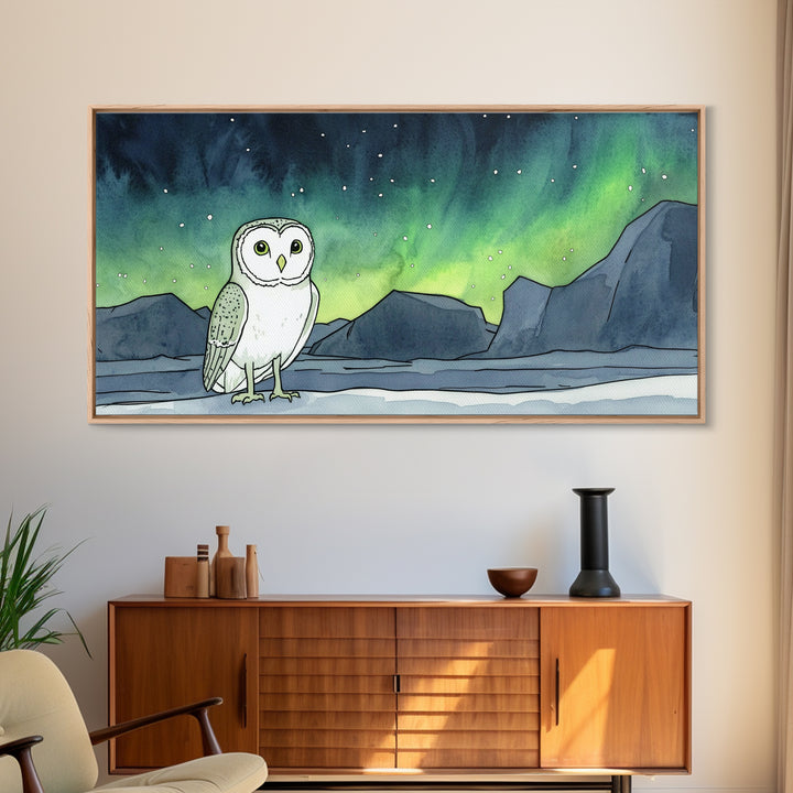 Snowy Owl Under Aurora Borealis Wall Art, Arctic Landscape Canvas Print, Wildlife Nursery Decor, Northern Lights Gift For Bird Lover