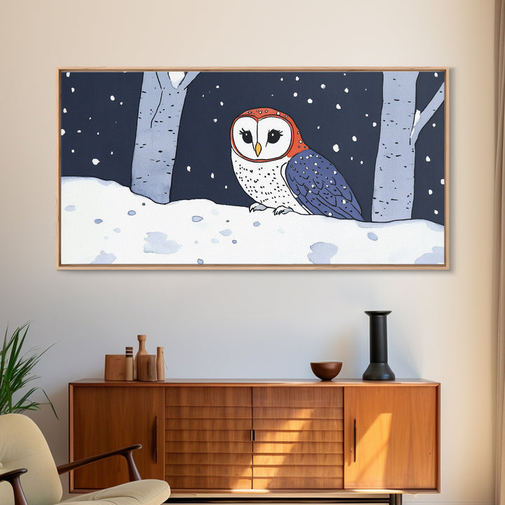 Cute Red And Blue Owl In Snow Wall Art, Woodland Nursery Decor, Whimsical Bird Print, Winter Animal Canvas For Kids Room