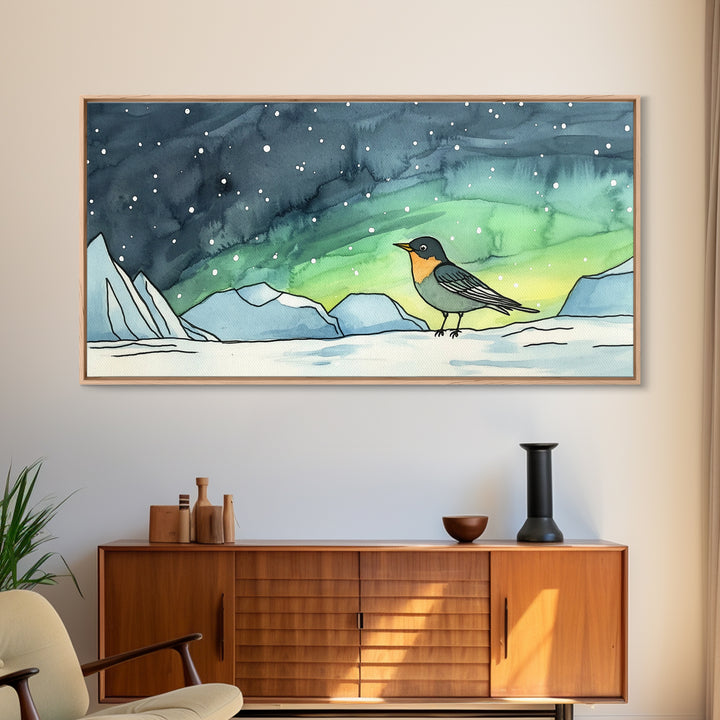 Tiny Penguin Under Northern Lights Wall Art, Arctic Ocean Canvas Print, Whimsical Nursery Decor, Winter Animal Gift For Kids Room